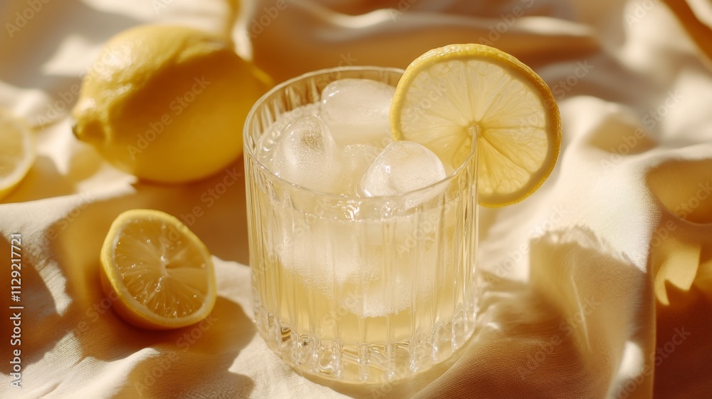 Poster Refreshing Lemonade with Ice in a Glass on Soft Fabric Background