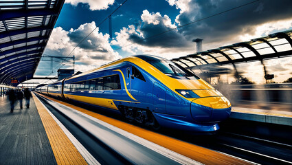 Modern high speed train arriving at station platform on cloudy day