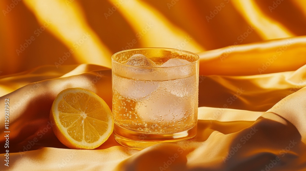 Poster Refreshing Ice Water with Lemon on Elegant Yellow Background