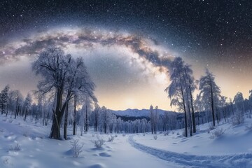 Fototapeta premium The milky way is arching over a snowy forest path leading towards snow-capped mountains at dawn, creating a breathtaking winter wonderland scene