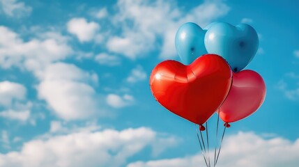 A heart-shaped balloon bouquet floating against a blue sky