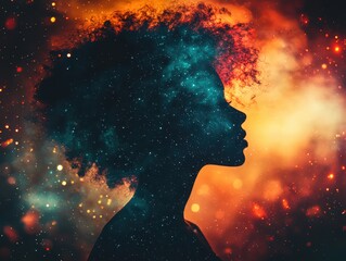 Obraz premium Mysterious silhouette of a woman against vibrant cosmic background digital art abstract nighttime profile view identity exploration