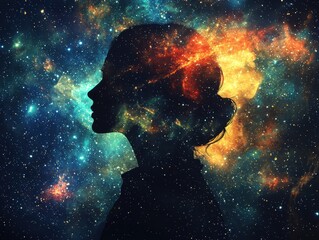 Obraz premium Silhouette of a woman against a cosmic background digital art nighttime abstract concept mystical viewpoint for emotional impact