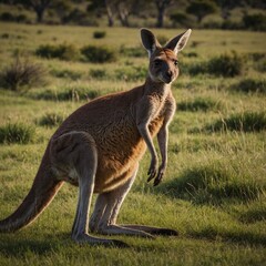"A kangaroo hopping across a meadow with her joey peeking out of her pouch."