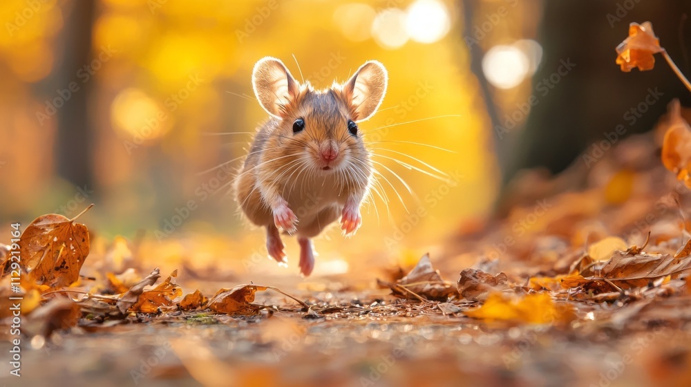 Poster a small mouse bounds energetically along a forest path, surrounded by vibrant orange and yellow leav