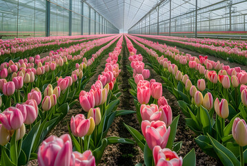Industrial forcing tulips in protected ground for spring holidays. Strong healthy plants of the best varieties. Advanced agricultural technologies. Concept of successful and profitable agribusiness.
