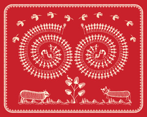 Circle of Life: A Peaceful Warli Scene. Warli art rural life, Warli village scene, Indian folk art rural, Warli countryside painting