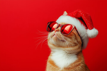 Stylish Ginger Cat in Santa Hat and Reflective Glasses Celebrating Christmas