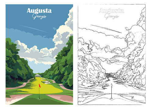 Golf Course Poster Art Prints - Augusta National Golf Club, Georgia, Vector illustration, Hand drawn