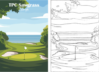 Golf Course. Vector modern illustration of TPC Sawgrass Golf Course, Florida with club and hole, golf course for poster, flyer, invitation, ticket or background
