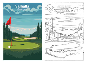 Golf Course. Vector modern illustration of Valhalla Golf Club with club and hole, golf course for poster, flyer, invitation, ticket or background