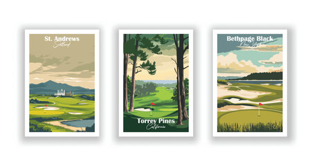 Golf Course. Vector illustration of St. Andrews, Torrey Pines, Bethpage Black
