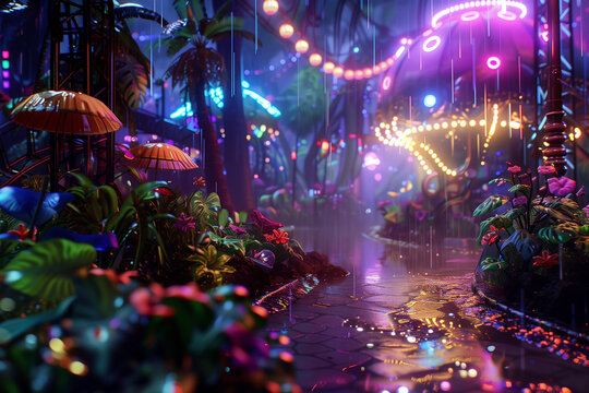 Neon fantasy theme park at night with gaint murain and electric lights.