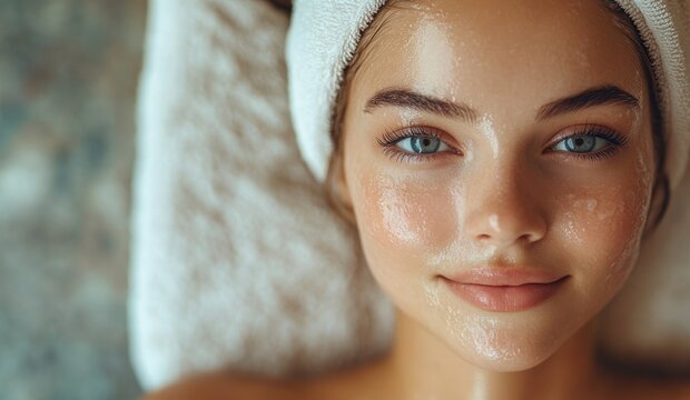  close-up of a young woman with a facial treatment, showcasing relaxation and skincare.
