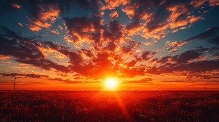 Obraz premium Stunning Sunset Over a Prairie Landscape with Vibrant Colors and Silhouettes of Wind Turbines Under a Dramatic Cloudy Sky at Dusk