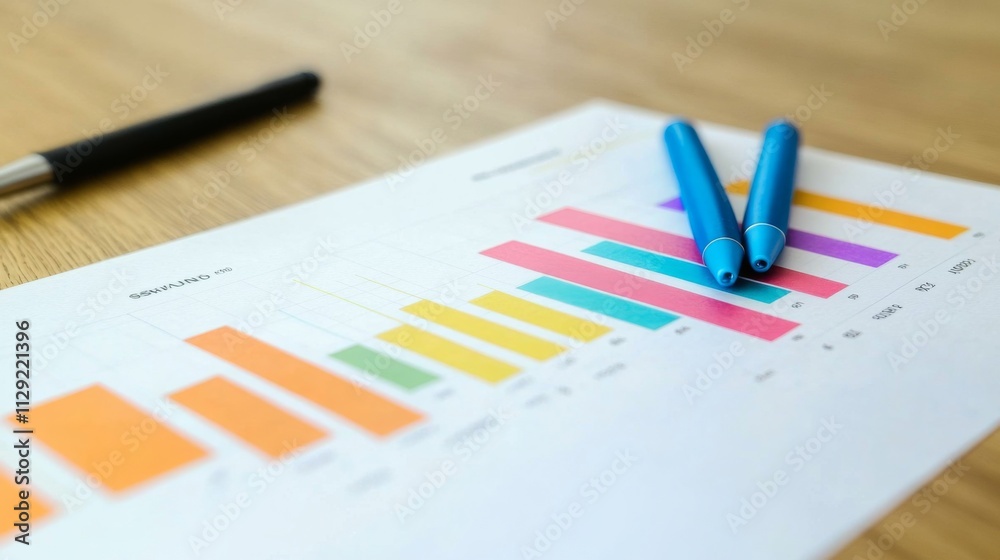 Poster colorful bar graphs and pens on office desk for data analysis