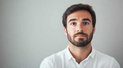 Obraz premium Thoughtful handsome man in white shirt on light background 