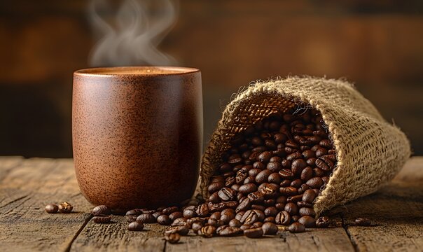 Close-Up of Latte Cup with Coffee Beans in Sack