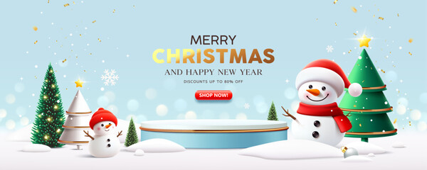 Fototapeta premium Merry Christmas and happy new year podium, Snowman, pine tree, banner design white snow, on blue background, Eps 10 vector illustration