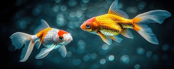 Fototapeta premium Vibrant goldfish swim gracefully in a sparkling aquatic environment filled with shimmering light