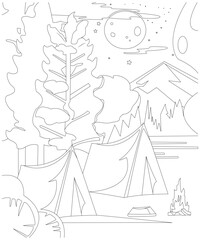 Camping coloring page for kids & adults. Unique Camping coloring book page for children. 