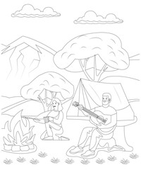 Camping coloring page for kids & adults. Unique Camping coloring book page for children. 