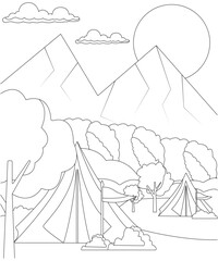 Camping coloring page for kids & adults. Unique Camping coloring book page for children. 
