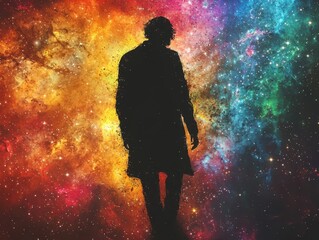 Mystical shadow of a man against a cosmic background surreal art digital illustration vibrant colors profile view human existence