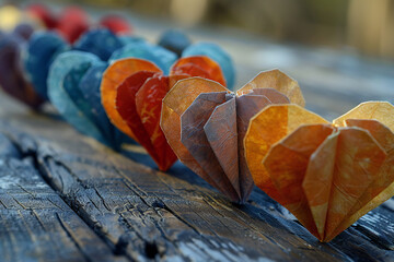 Origami Hearts on Wooden Table