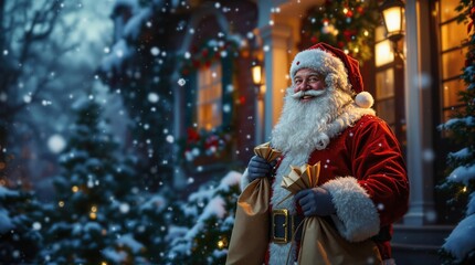 A cozy winter scene featuring Santa Claus standing outside a beautifully decorated house, surrounded by snow and Christmas lights, ready to deliver gifts