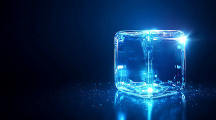 Glowing ice cube on dark blue background reflects light.