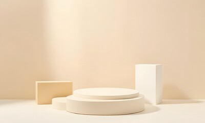 Minimal beige product display and presentation round podium. Modern 3d platform on beige background with sunlight. Geometric base space design in advertising display studio.