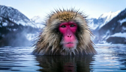 Obraz premium A serene Japanese macaque soaking in a steaming natural hot spring amidst a snowy mountain