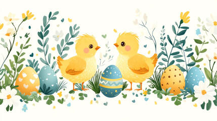 Two adorable yellow chicks are playfully interacting among a variety of colorful Easter eggs and blooming flowers, bringing a joyful spring atmosphere