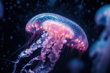 Naklejka premium High detailed macro jellyfish in pink blue neon colours in deep waters background