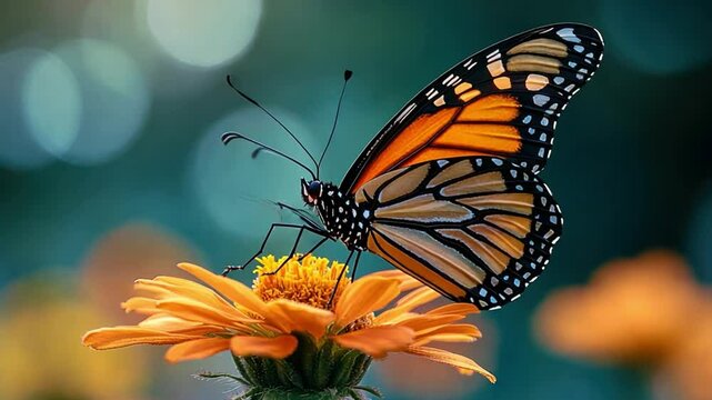 A butterfly resting on a flower, with a blurred green meadow background enhancing the focus on its wings. VDO 4k ProRes