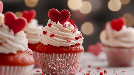 valentines day desserts, valentine cupcakes with red and pink frosting, edible glitter, and heart decorations in a close-up shot