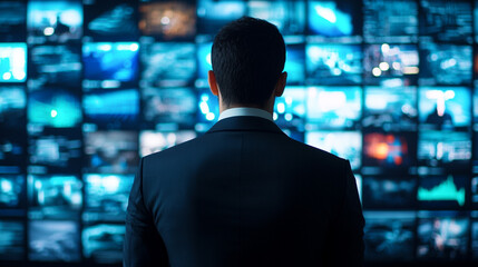 Fototapeta premium Man in suit watching multiple screens in a digital control room.