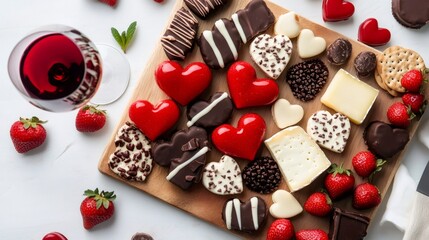 valentines grazing board, valentines-themed grazing board with heart-shaped cheese, chocolate strawberries, and red wine for a festive treat