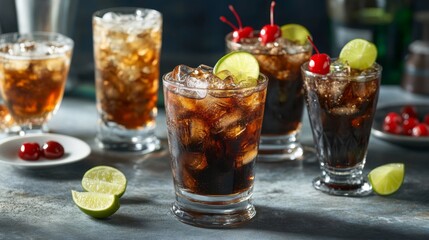 Refreshing Glasses of Cola with Ice, Lime, and Cherry Garnish