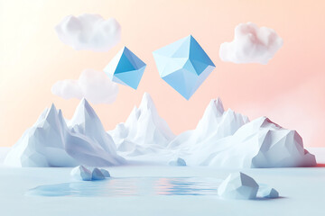 Fototapeta premium A low-poly white model of an ice floe with large blue geometric shapes floating above it, against a light gradient background