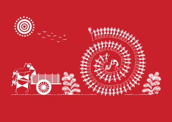 Lines of Life: A Warli Tapestry of Rural Existence. Warli art rural life, Warli village scene, Indian folk art rural, Warli countryside painting.