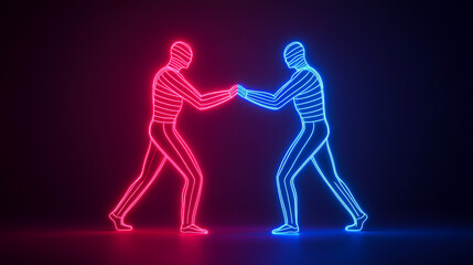 Neon outlines of two figures wrestling in a dark space