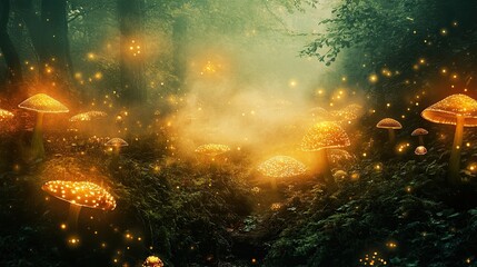 Digital Photography Backdrop. A mystical enchanted forest with glowing mushrooms. and fog. 