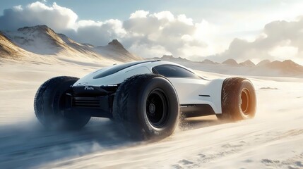 A white car with a large tire is driving on a snowy road