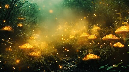 Digital Photography Backdrop. A mystical enchanted forest with glowing mushrooms. and fog. 