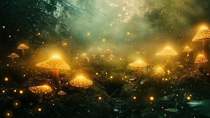 Digital Photography Backdrop. A mystical enchanted forest with glowing mushrooms. and fog. 