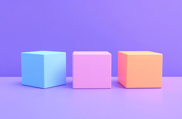 A minimalist composition featuring three cubes of varying sizes in shades of blue, pink, and orange against an empty purple background