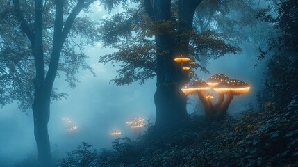 Digital Photography Backdrop. A mystical enchanted forest with glowing mushrooms. and fog. 