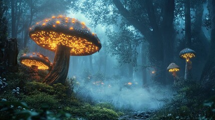 Digital Photography Backdrop. A mystical enchanted forest with glowing mushrooms. and fog. 